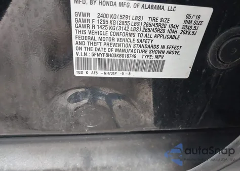 2019 Honda Passport Elite z USA, uszkodzony, nr VIN 5FNYF8H03KB016749